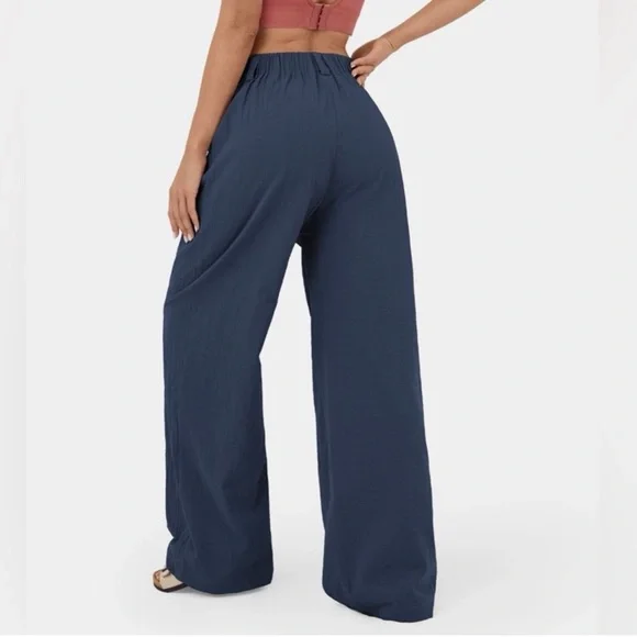 Halara High Waisted Plicated Side Pocket Wide Leg Flowy Palazzo Cotton Pants - Picture 3 of 8